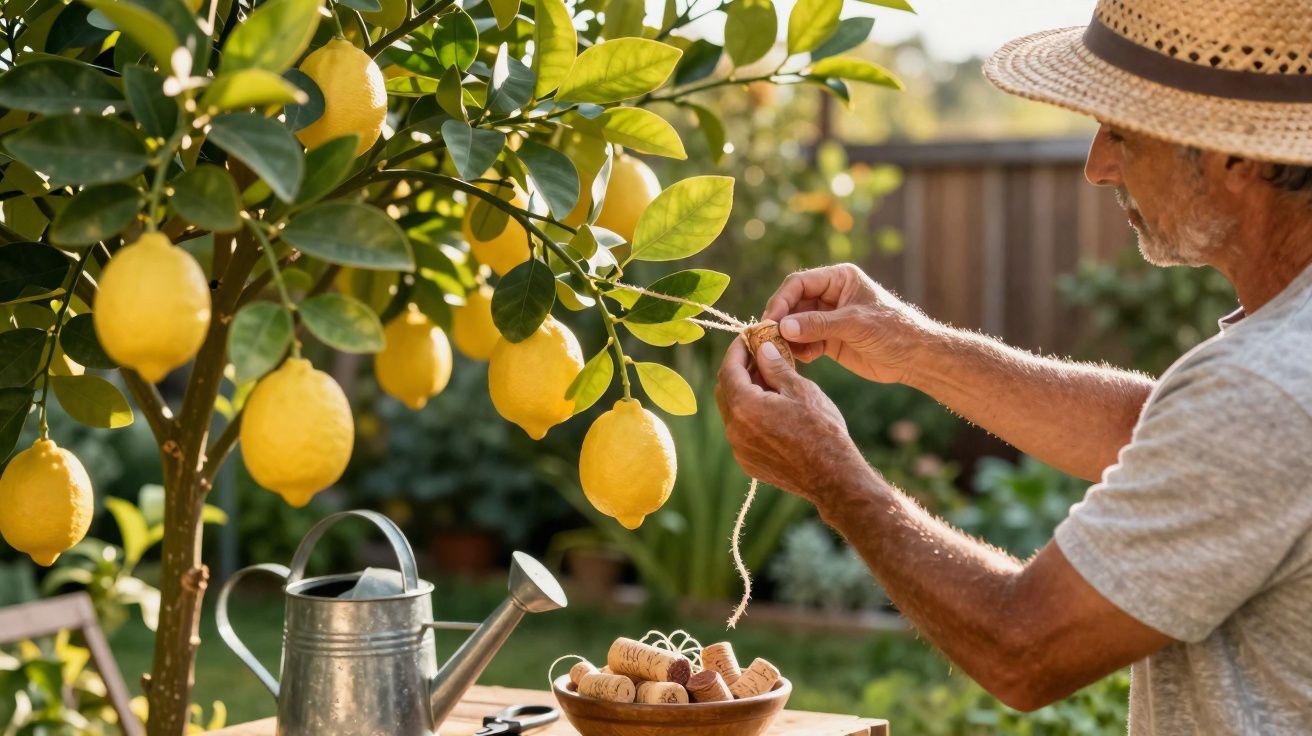 Homem com chapéu trançando corda ao lado de limoeiro carregado de limões em jardim ensolarado.