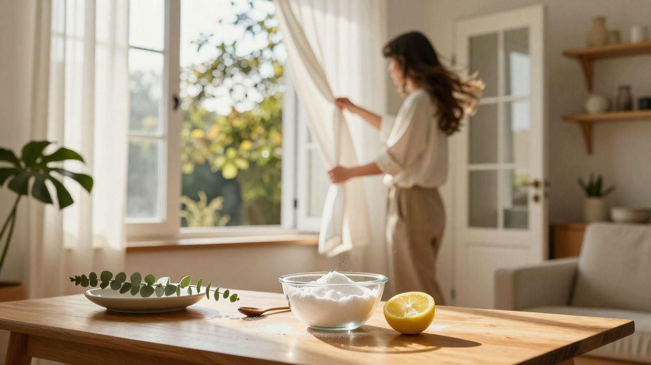 Mesa com tigela de sal, limão e colher em foco e mulher abrindo cortina em ambiente claro e aconchegante.