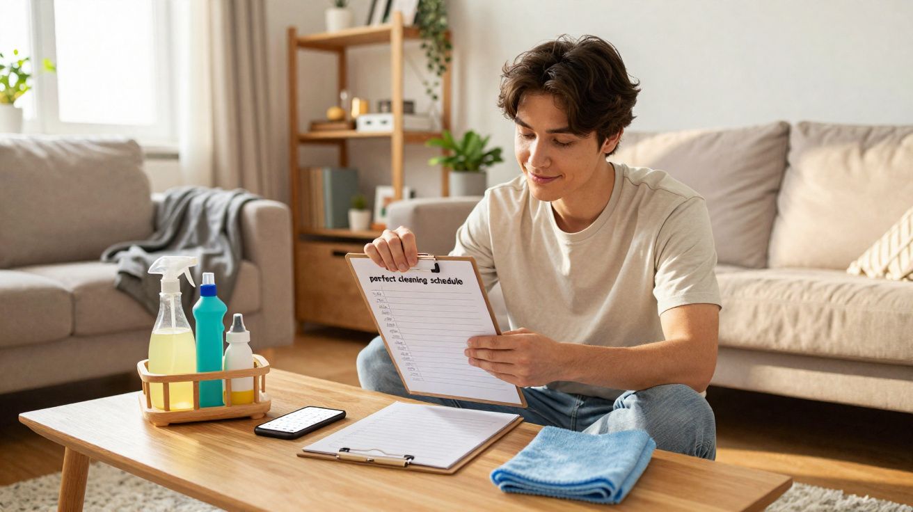 Jovem sentado no chão da sala lendo agenda de limpeza ao lado de produtos de limpeza sobre mesa de madeira.