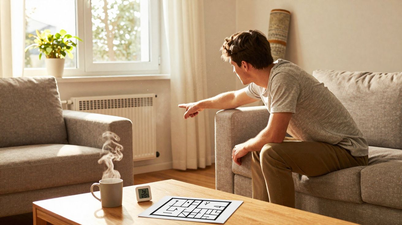 Homem sentado no sofá apontando para um dispositivo eletrônico em uma sala iluminada.