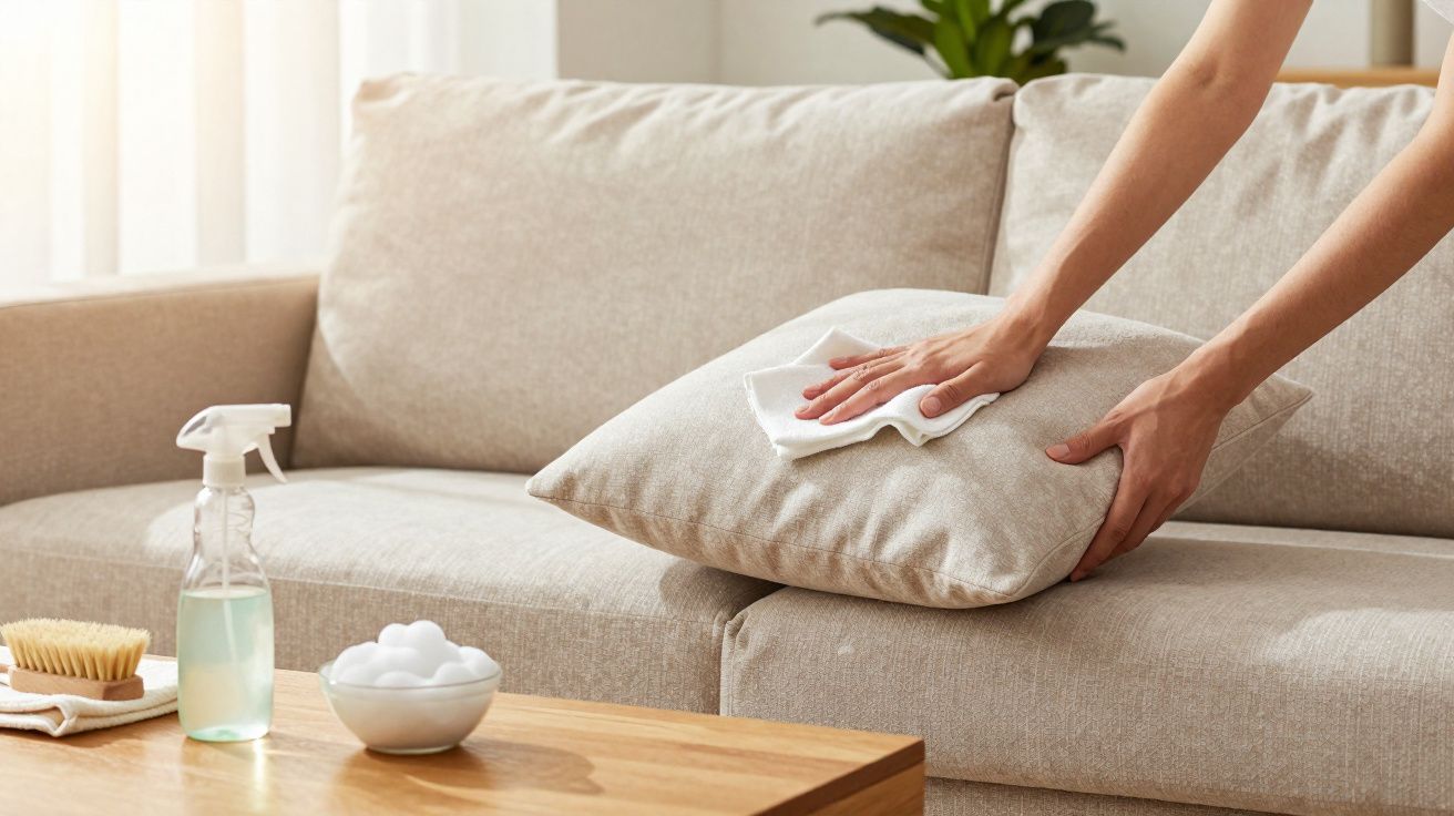 Mãos limpando almofada bege de sofá com pano branco, mesa de madeira com spray e escova ao lado.