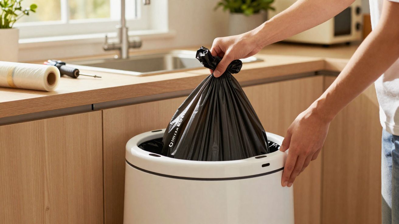 Pessoa colocando saco de lixo preto em lixeira branca em cozinha com armários de madeira clara.