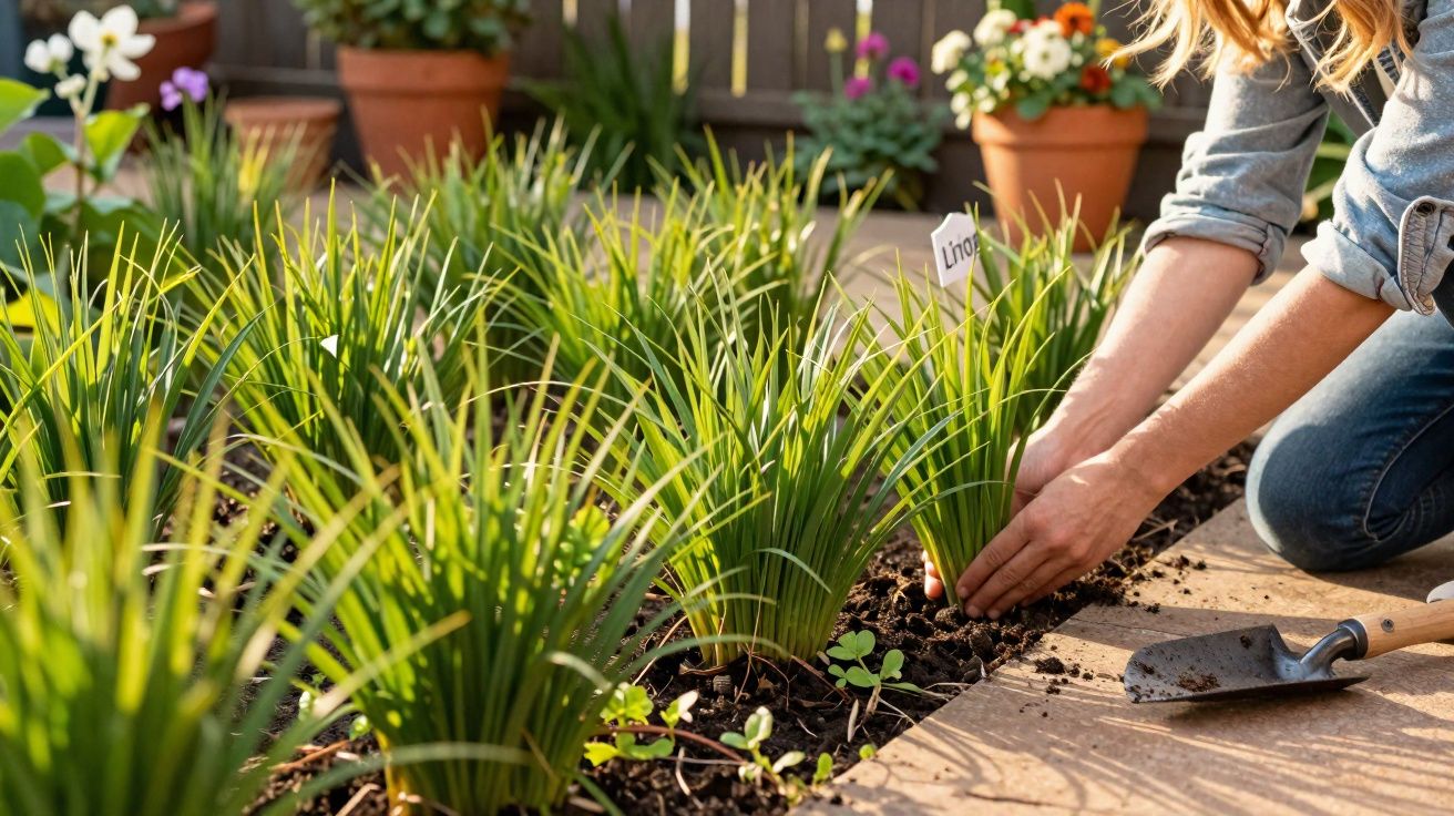 Pessoa cuidando e plantando ervas frescas em jardim urbano ensolarado com vasos ao fundo.