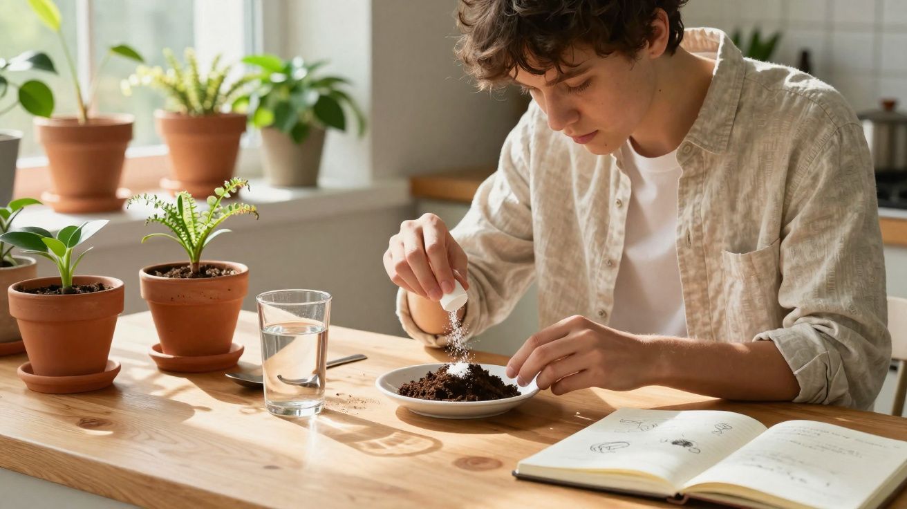 Jovem adiciona fertilizante em solo sobre prato, com livros, copo d'água e vasos de plantas em mesa.