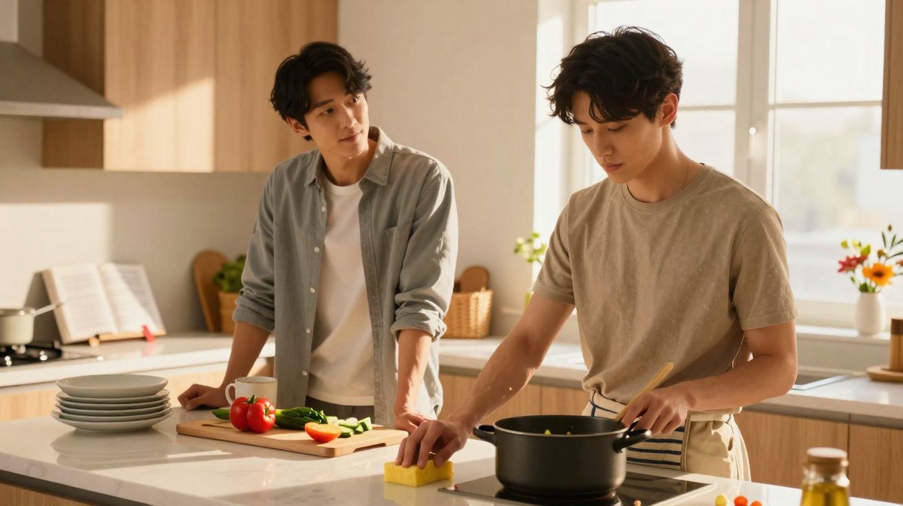 Dois homens jovens preparando comida juntos em uma cozinha moderna e iluminada.