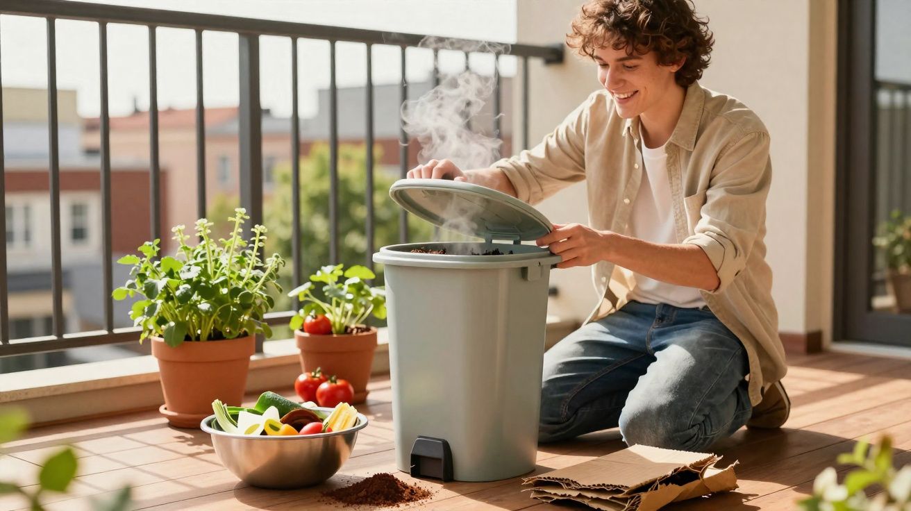 Jovem ao ar livre abrindo composteira com vapor, com vegetais e vasos de plantas ao redor.