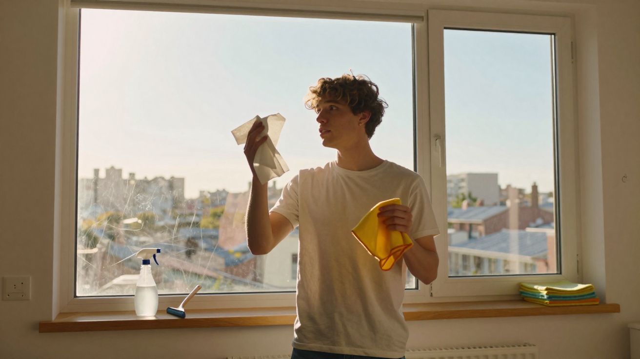 Jovem limpando janela com pano amarelo e papel, luz do sol ao fundo em ambiente residencial.