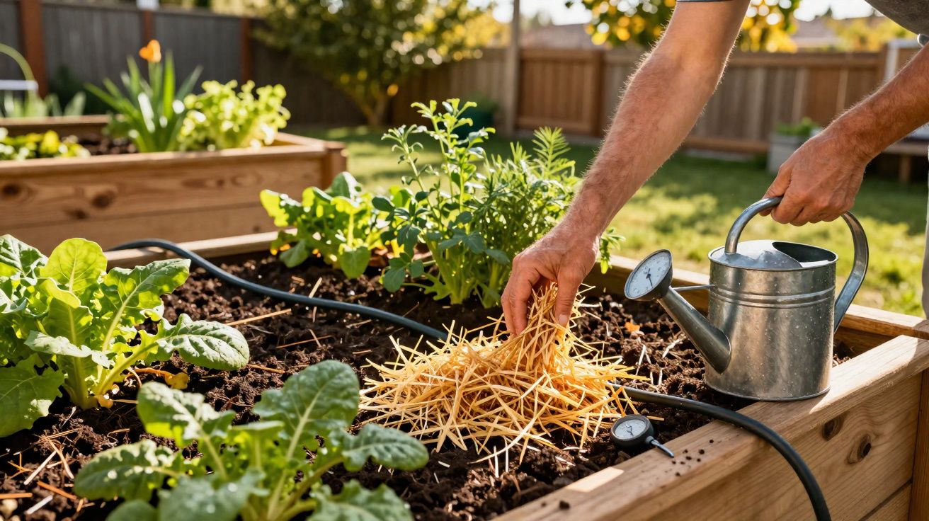 Pessoa adiciona cobertura de palha em canteiro elevado com regador e plantas verdes ao redor no jardim.
