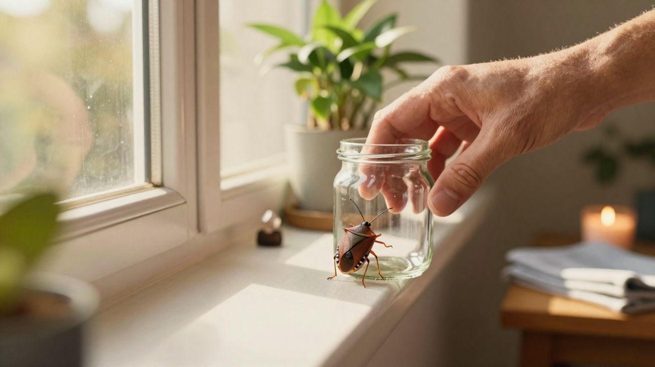 Mão segurando pote de vidro com barata em peitoril de janela com plantas ao fundo.