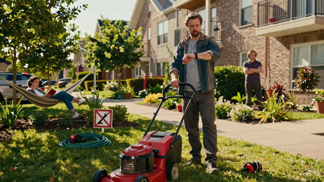 Homem olhando relógio enquanto prepara cortador de grama em jardim residencial com pessoas ao fundo.