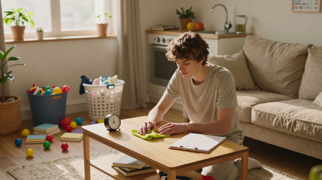 Jovem limpando uma mesa de centro em sala de estar com brinquedos espalhados ao fundo.