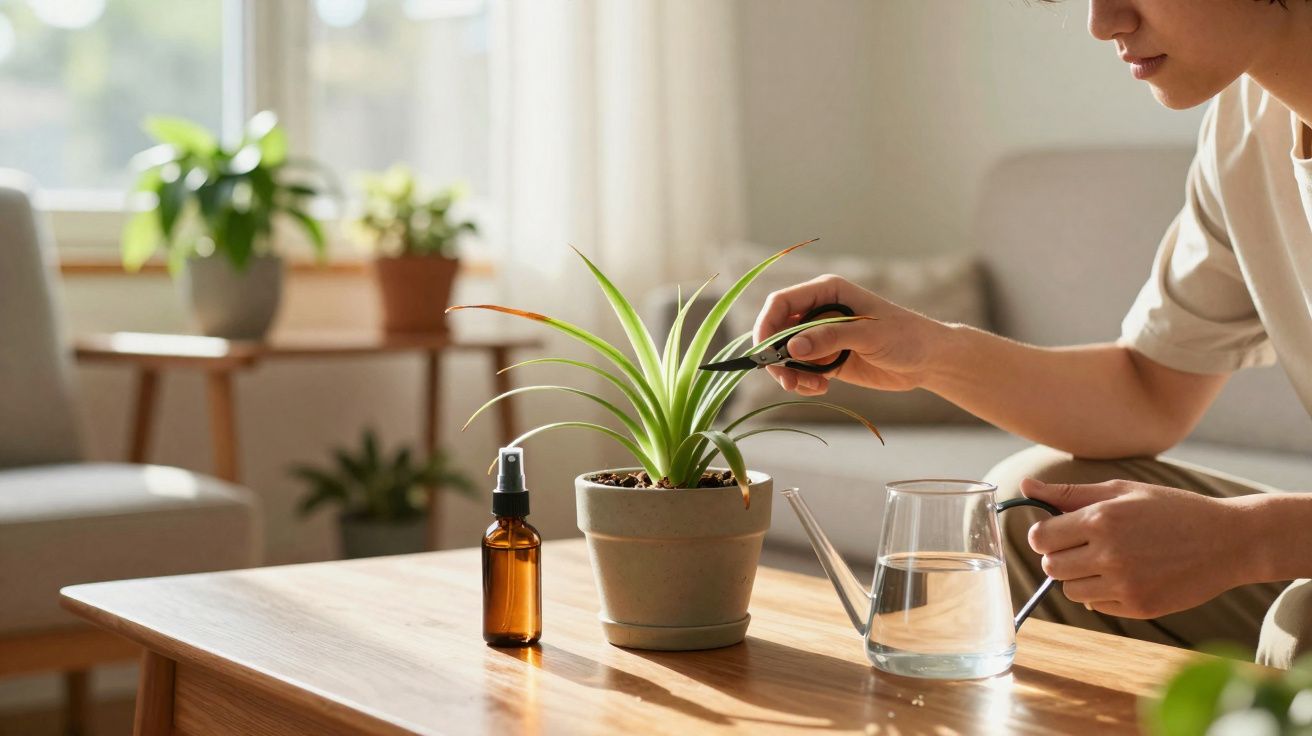 Pessoa cuidando de planta suculenta em vaso com regador e frasco sobre mesa de madeira em sala iluminada.