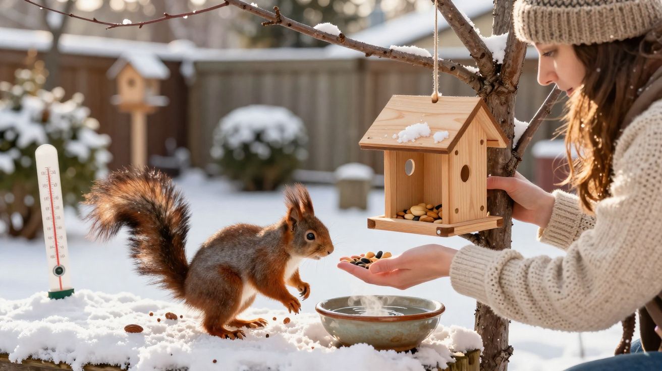 Garota alimenta esquilo com sementes perto de casinha de passarinho em paisagem nevada no inverno.