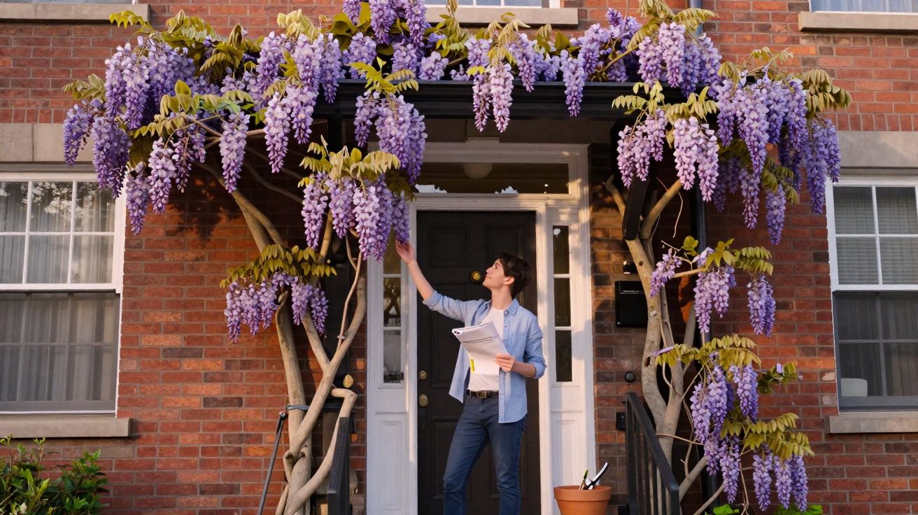 Pessoa jovem analisando flores roxas pendentes de glicínia na entrada de casa com muro de tijolos.