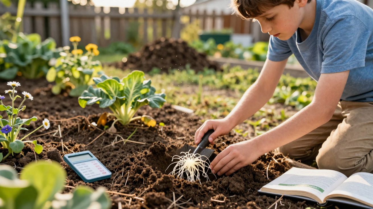 Menino cavando terra com pá pequena em horta, com livro aberto e calculadora ao lado.