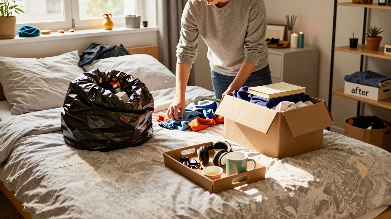 Pessoa organizando roupas em uma caixa de papelão sobre cama em quarto iluminado por luz natural.