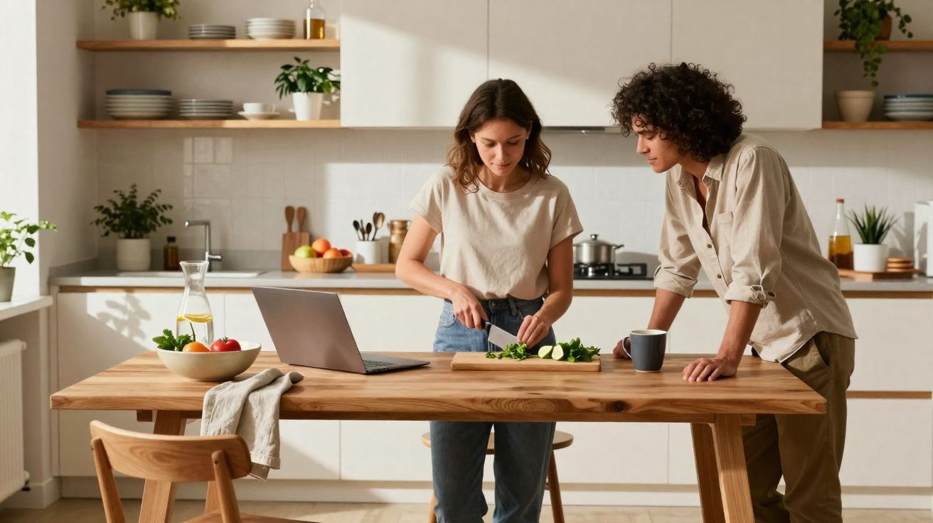 Casal jovem preparando legumes juntos na cozinha moderna com iluminação natural e laptop sobre a mesa.