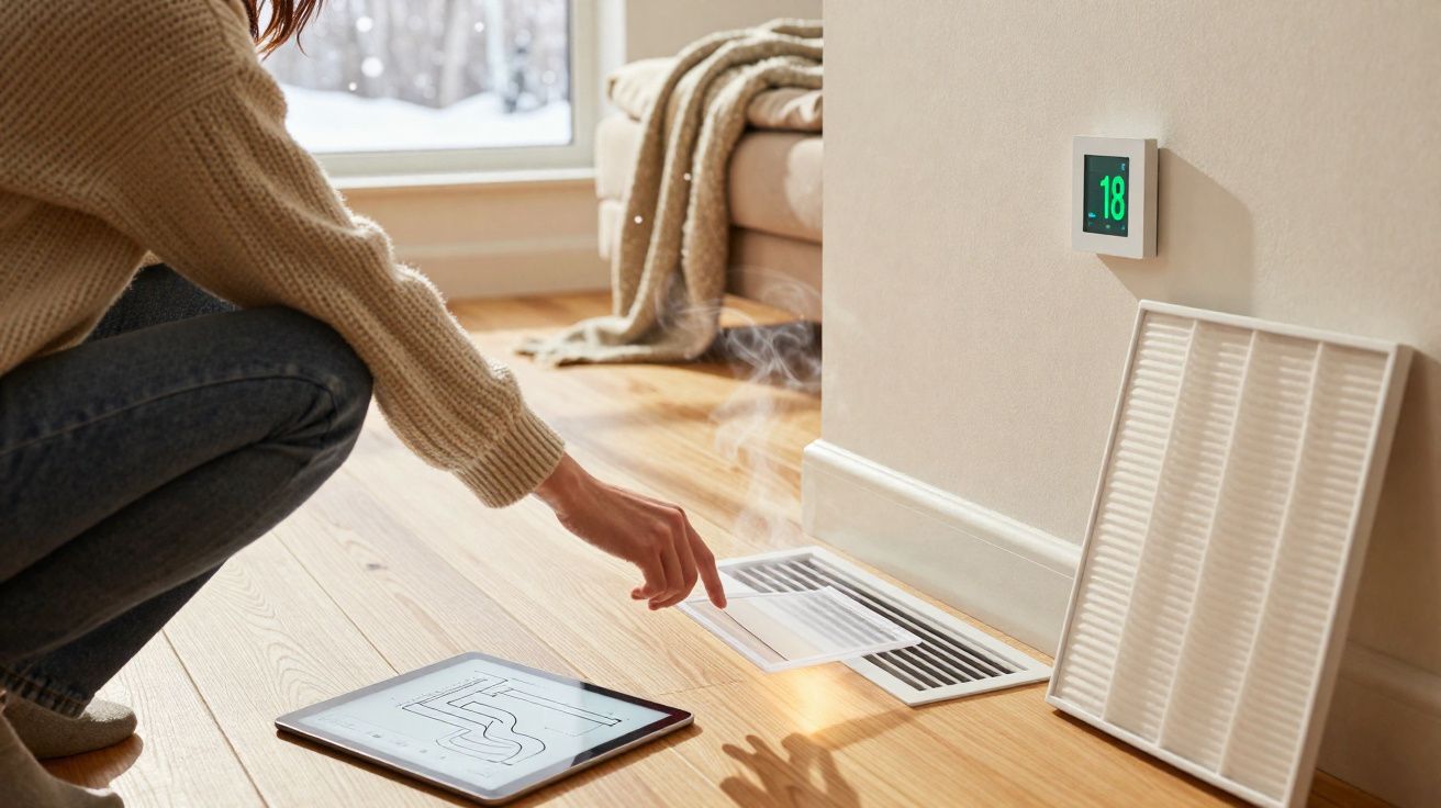 Pessoa ajusta grade de ventilação com tablet mostrando plantas de ar condicionado no chão de madeira.