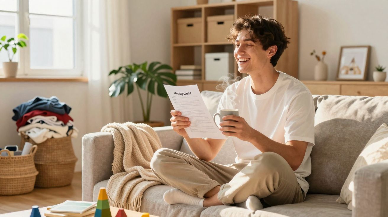Jovem sorridente sentado no sofá lendo um papel e segurando uma caneca em uma sala iluminada.