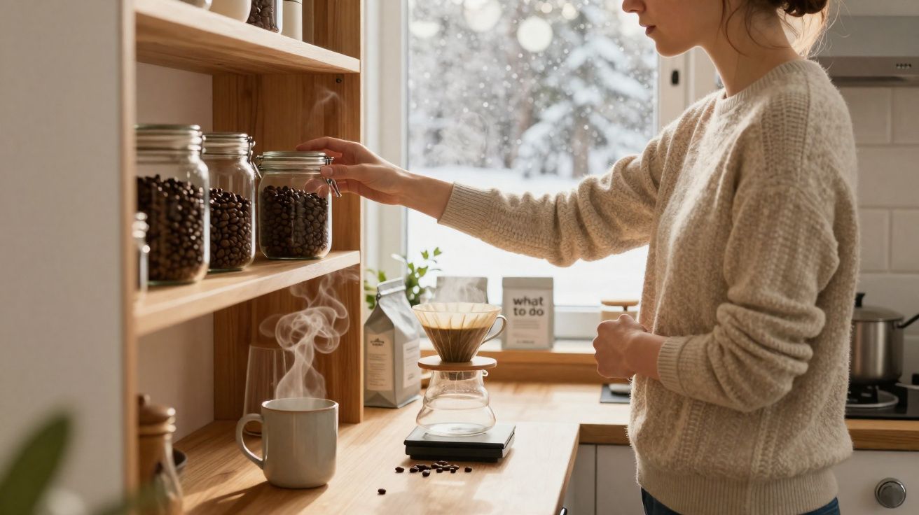 Mulher pegando vidro com grãos de café em cozinha aconchegante com xícara quente e filtro para café.