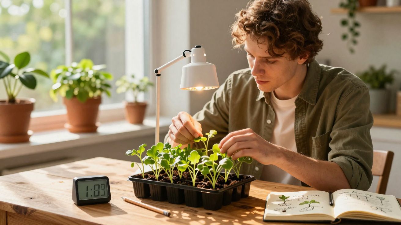 Jovem homem cuidando de mudas em bandeja sob lâmpada de cultivo em mesa com livro de botânica aberto.