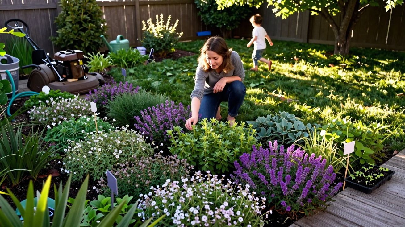 Mulher cuidando de plantas florescentes em jardim com criança correndo ao fundo em área cercada.