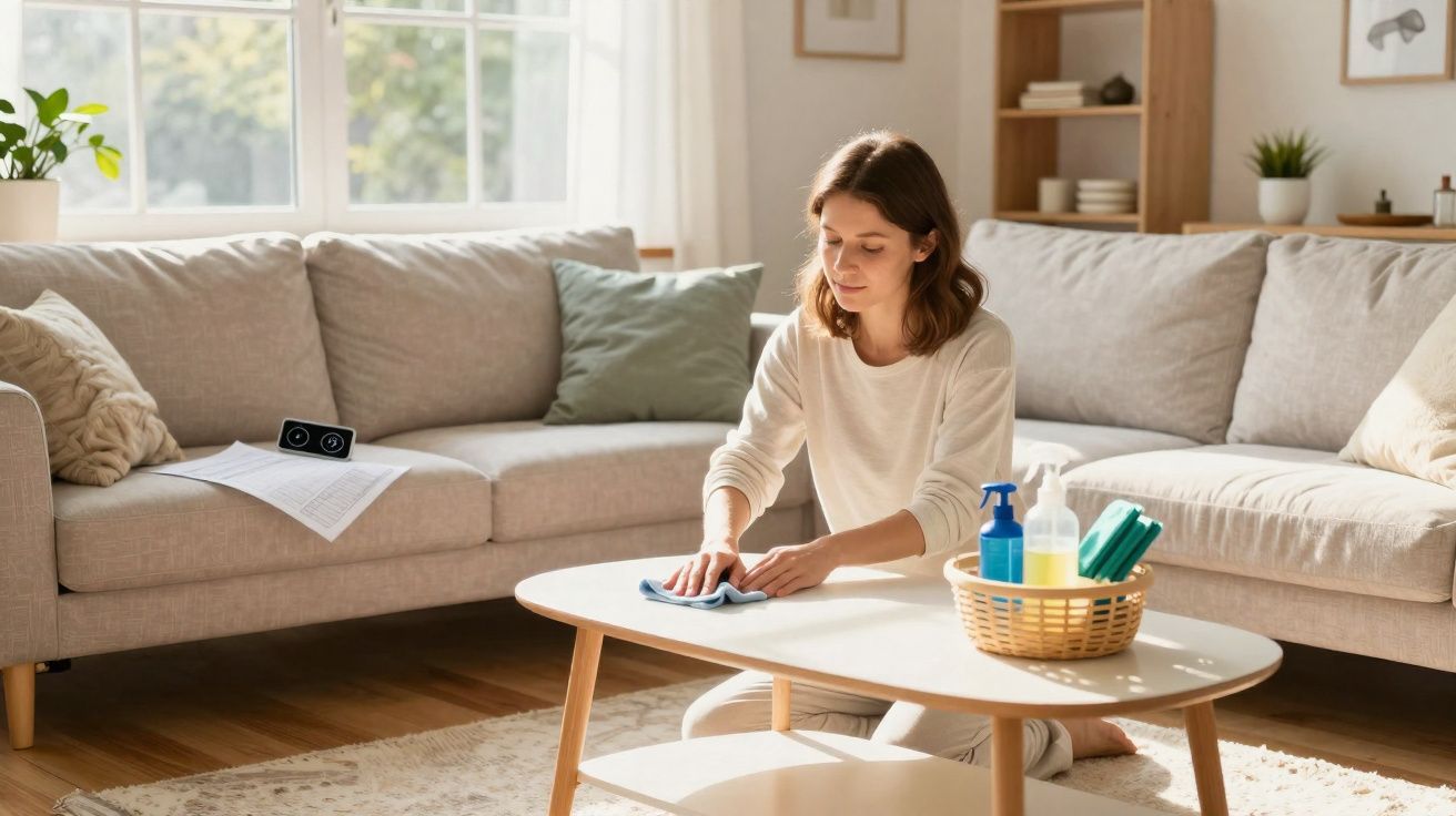 Mulher limpando mesa de centro em sala de estar ensolarada com sofá e planta ao fundo.