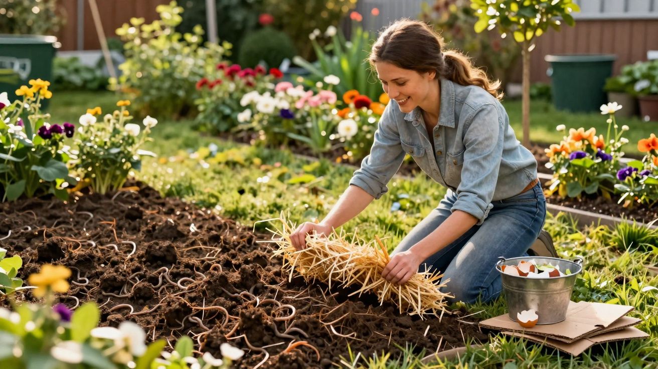 Mulher sorridente preparando o solo do jardim com palha, cercada de flores coloridas.