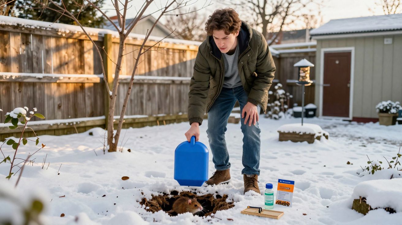 Jovem alimenta rato em armadilha ao ar livre em jardim coberto de neve, com ferramentas e raticida ao redor.