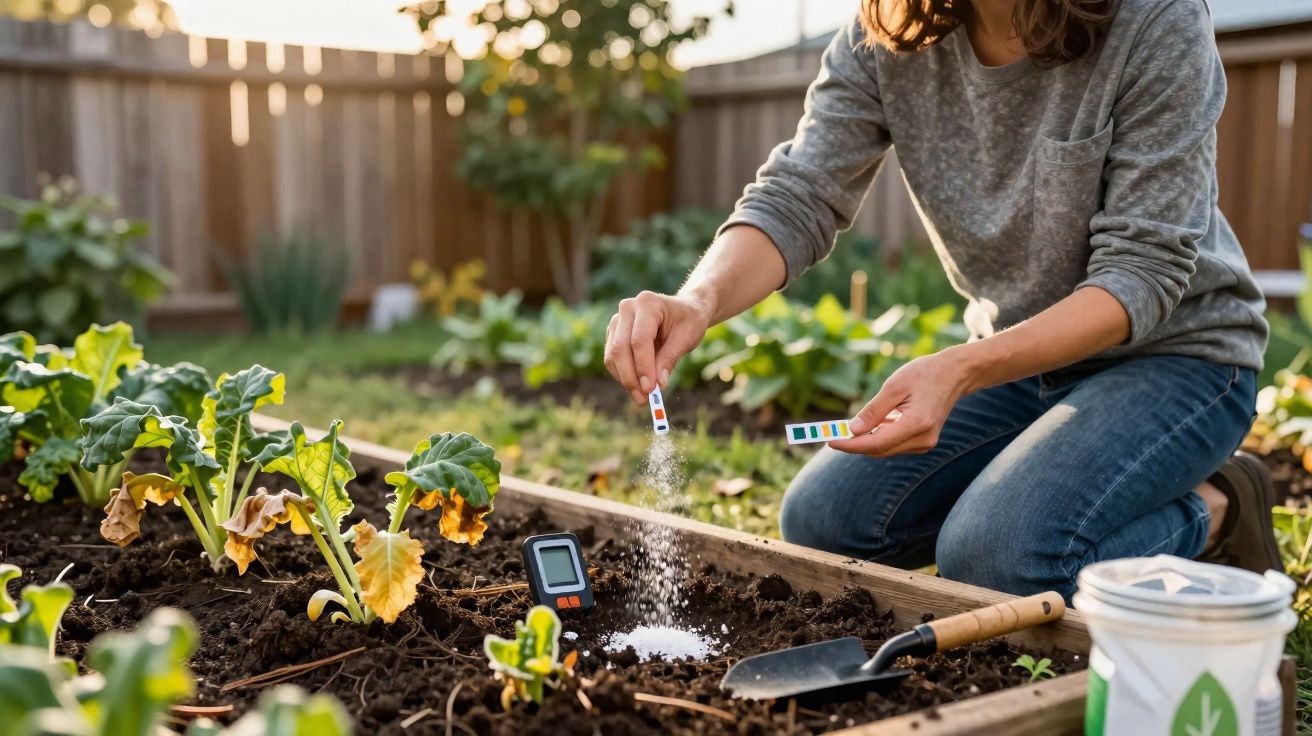 Pessoa testando o solo de uma horta caseira com ferramentas de jardinagem ao ar livre.