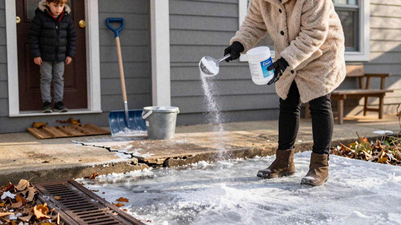 Pessoa espalhando sal sobre superfície congelada em calçada diante de casa com criança observando.