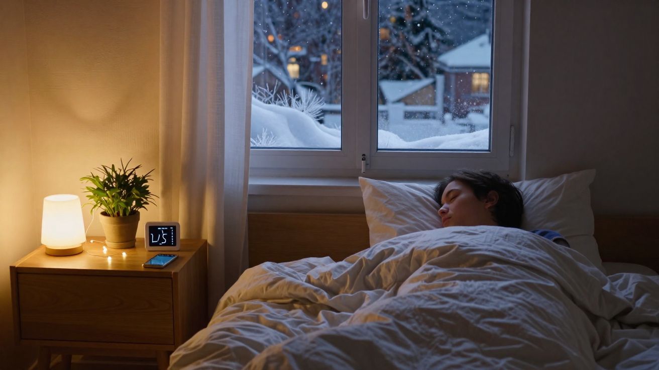 Pessoa dormindo em cama aconchegante com janela mostrando neve e noite fria do lado de fora.