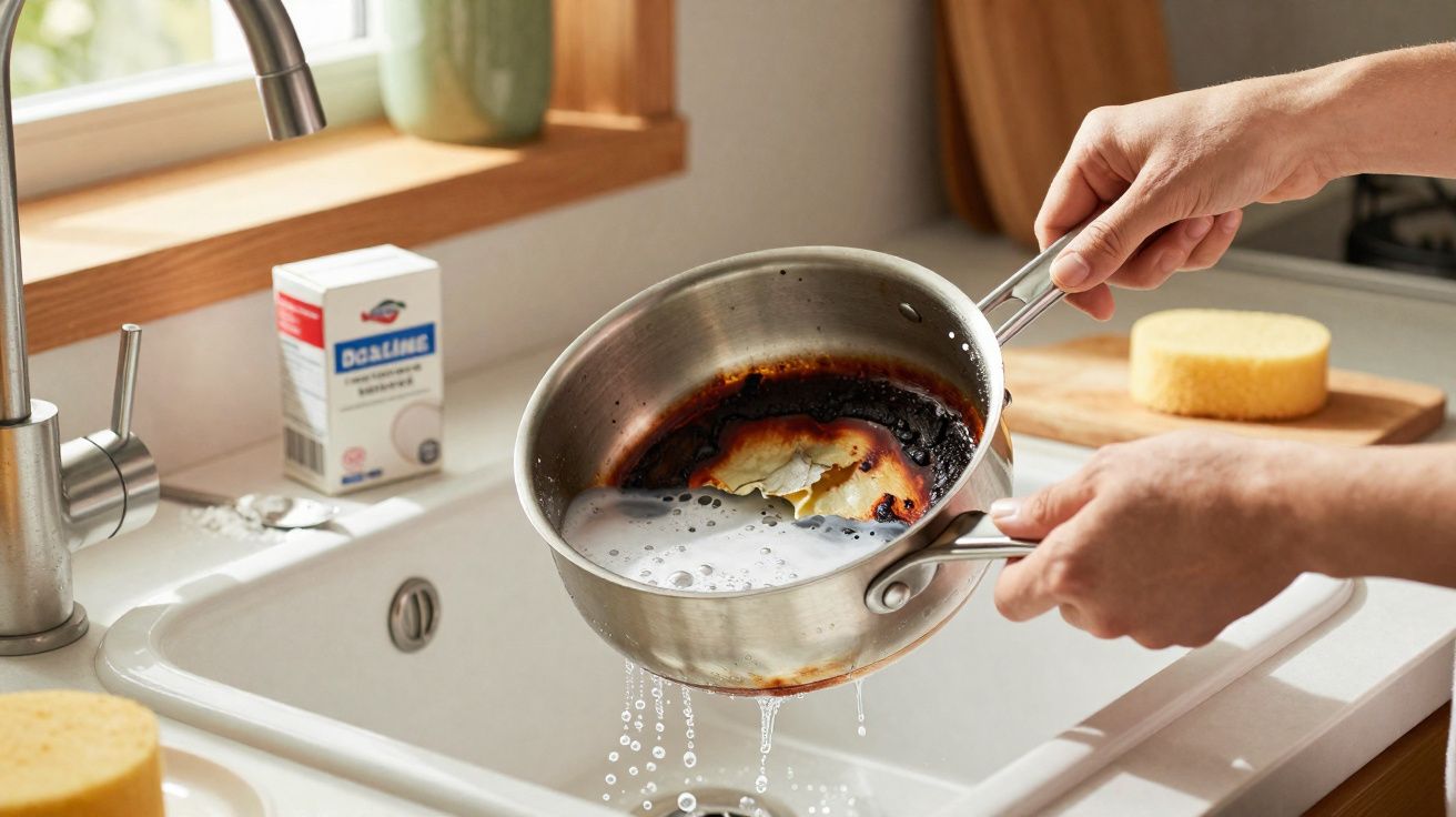 Pessoa limpando panela enferrujada e queimada com produto de limpeza em cozinha clara.