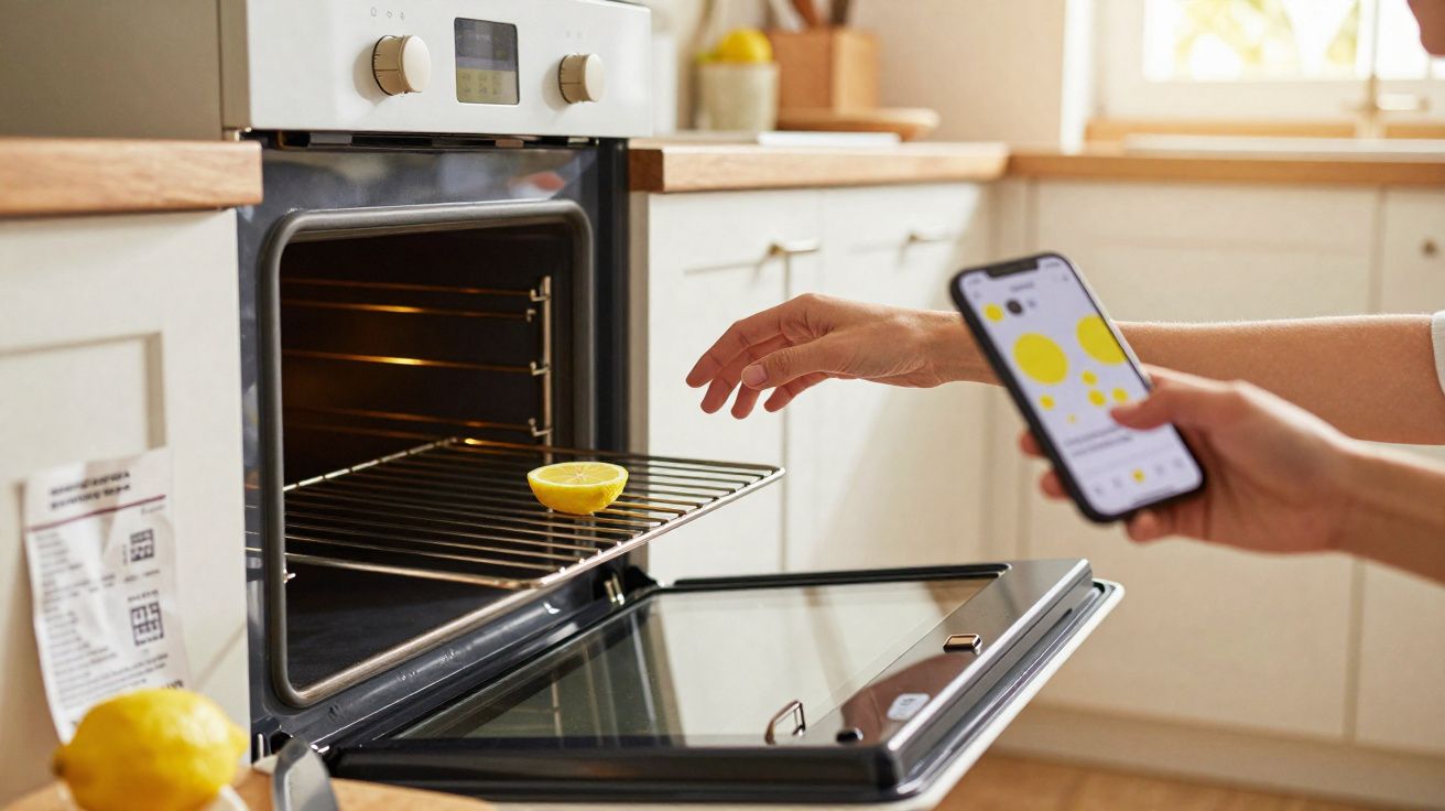 Pessoa colocando metade de um limão no forno aberto, segurando celular na cozinha clara.