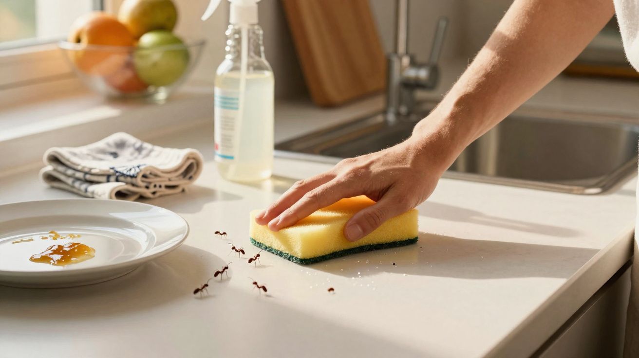 Mão limpando bancada da cozinha com esponja amarela enquanto formigas caminham próximas ao mel no prato branco.