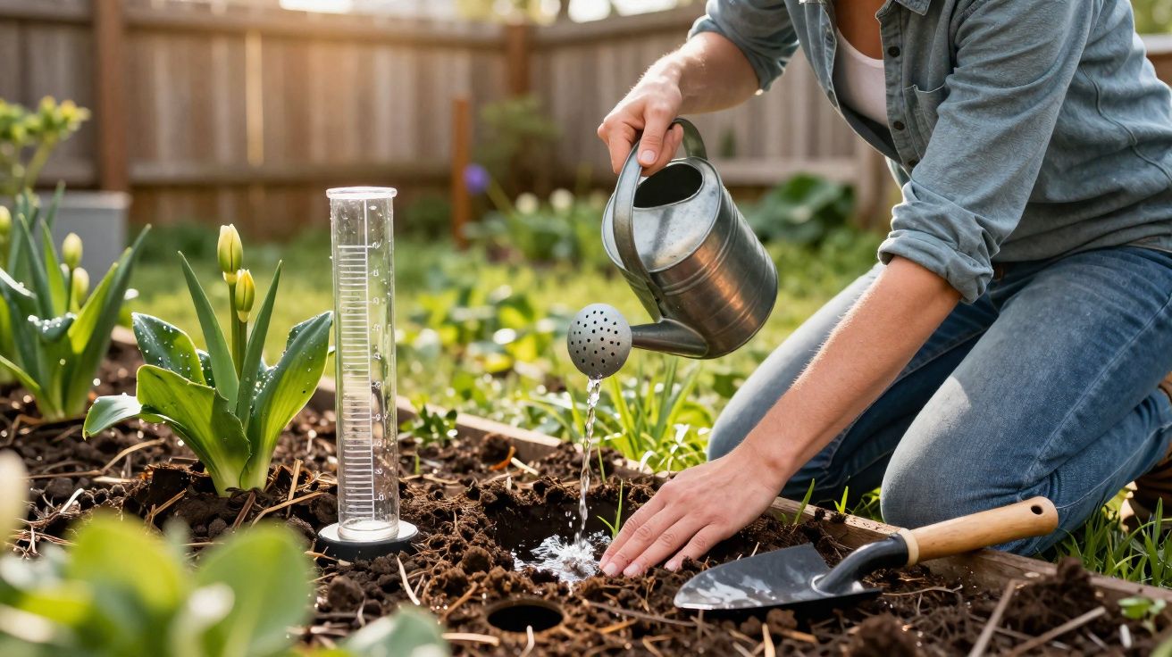 Pessoa regando muda de planta com regador metálico em jardim residencial durante o dia.