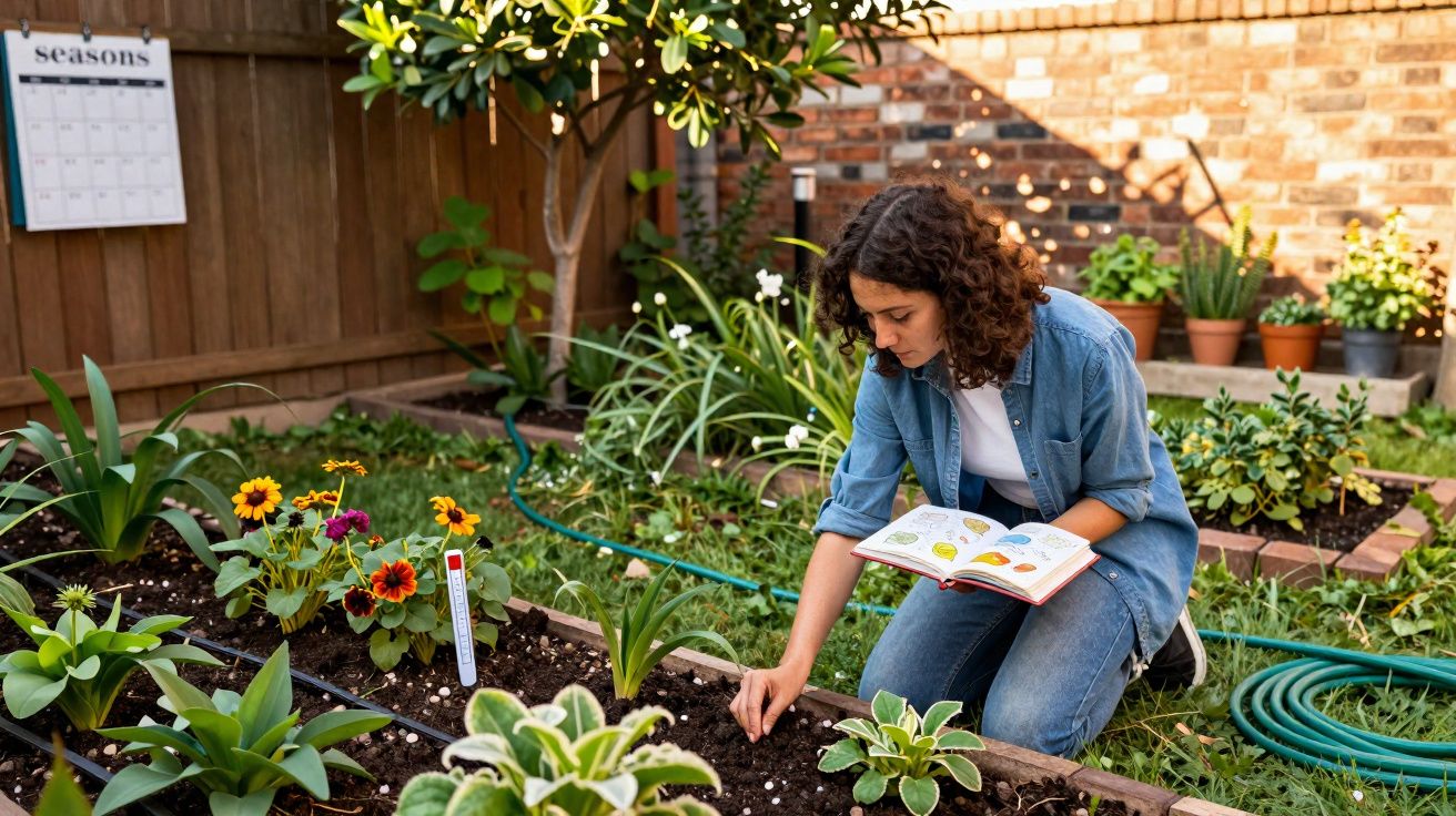 Mulher jardineira analisa plantas e sementes em canteiro com livro aberto no colo em jardim residencial.