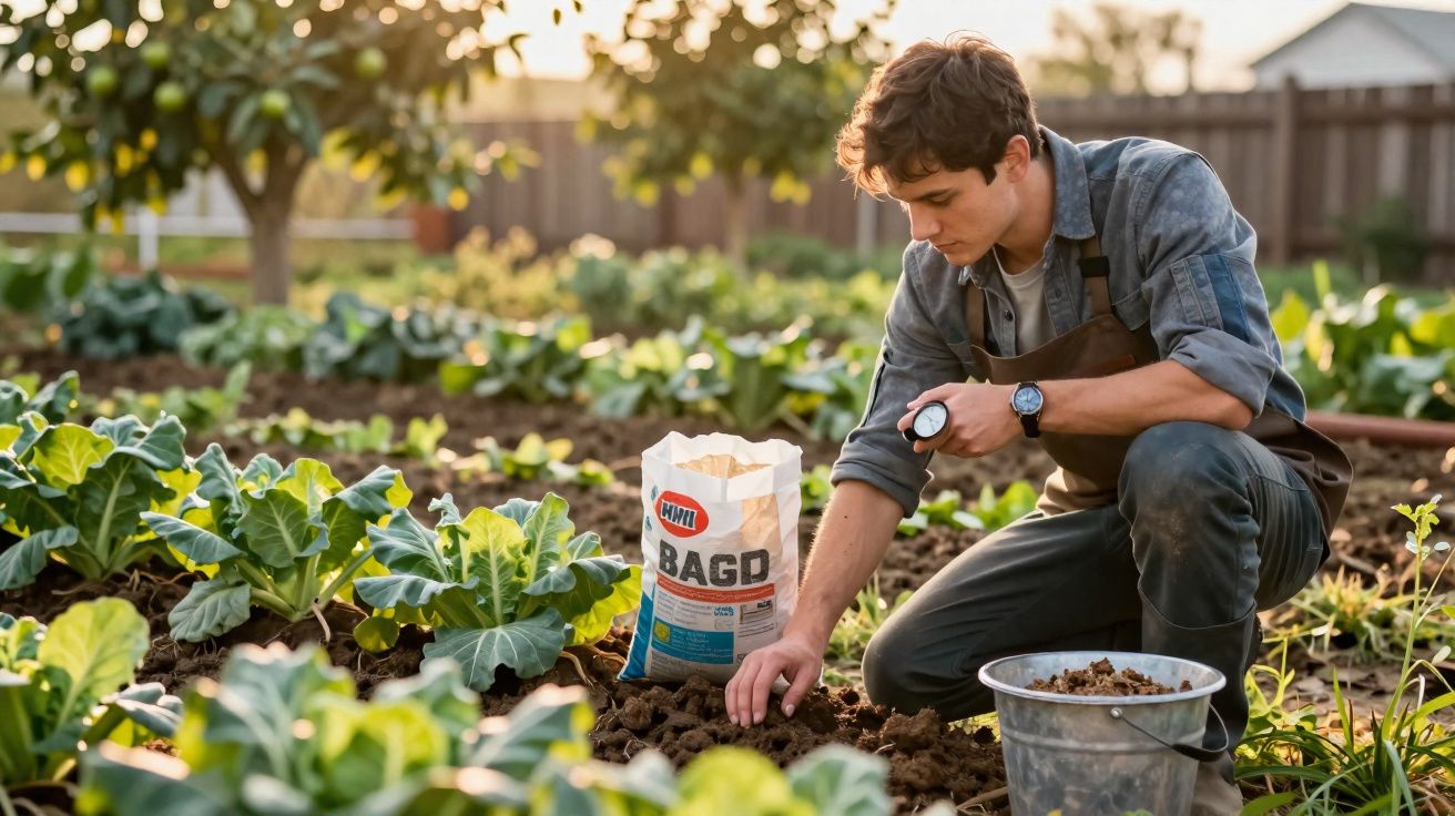 Jovem com roupa de jardinagem aplica fertilizante no solo em horta com plantas verdes ao entardecer.