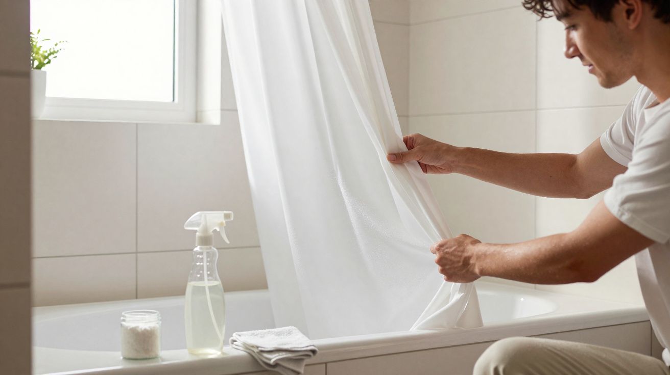 Pessoa abrindo cortina de banheiro branca próxima a banheira com frascos de limpeza ao lado.