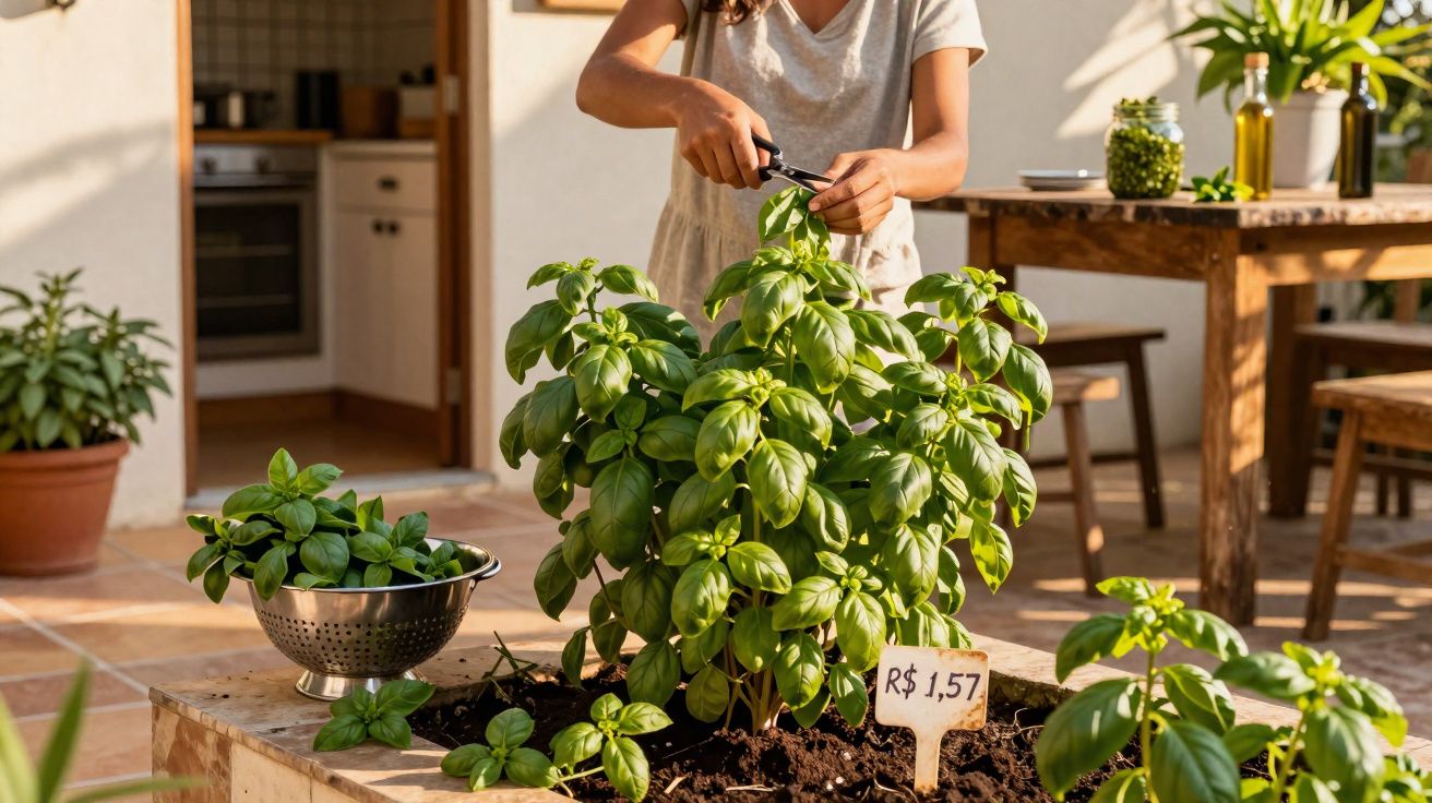 Pessoa colhendo manjericão orgânico em horta caseira com cesta e tabela de preço ao lado.