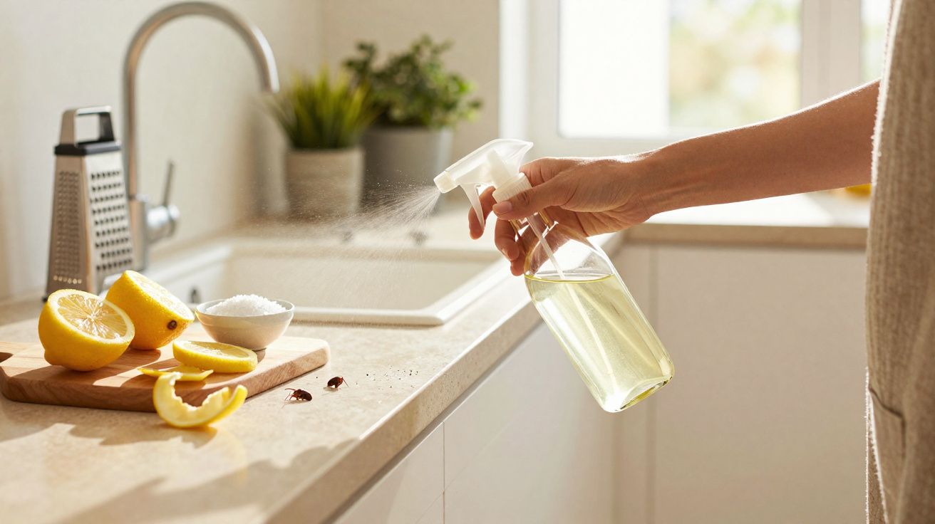 Pessoa borrifando solução caseira com limão para eliminar insetos na bancada da cozinha.