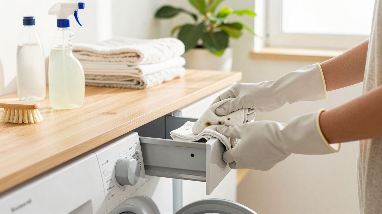 Pessoa com luvas de limpeza guardando pano sujo na gaveta próxima à máquina de lavar roupas.