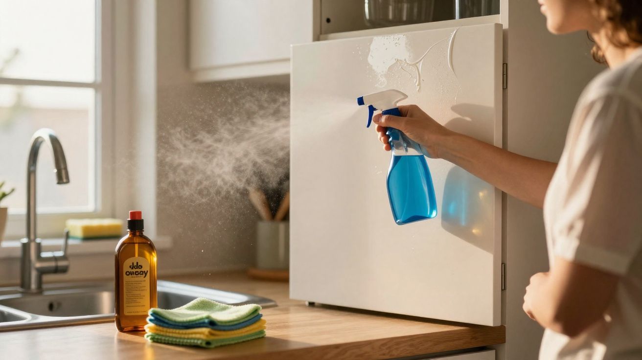 Pessoa borrifando produto de limpeza azul em armário branco de cozinha, com pano e frasco sobre a bancada.