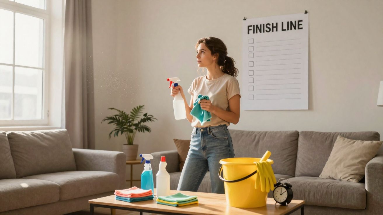 Mulher segurando borrifador e pano, ao lado de materiais de limpeza em sala iluminada por janela grande.