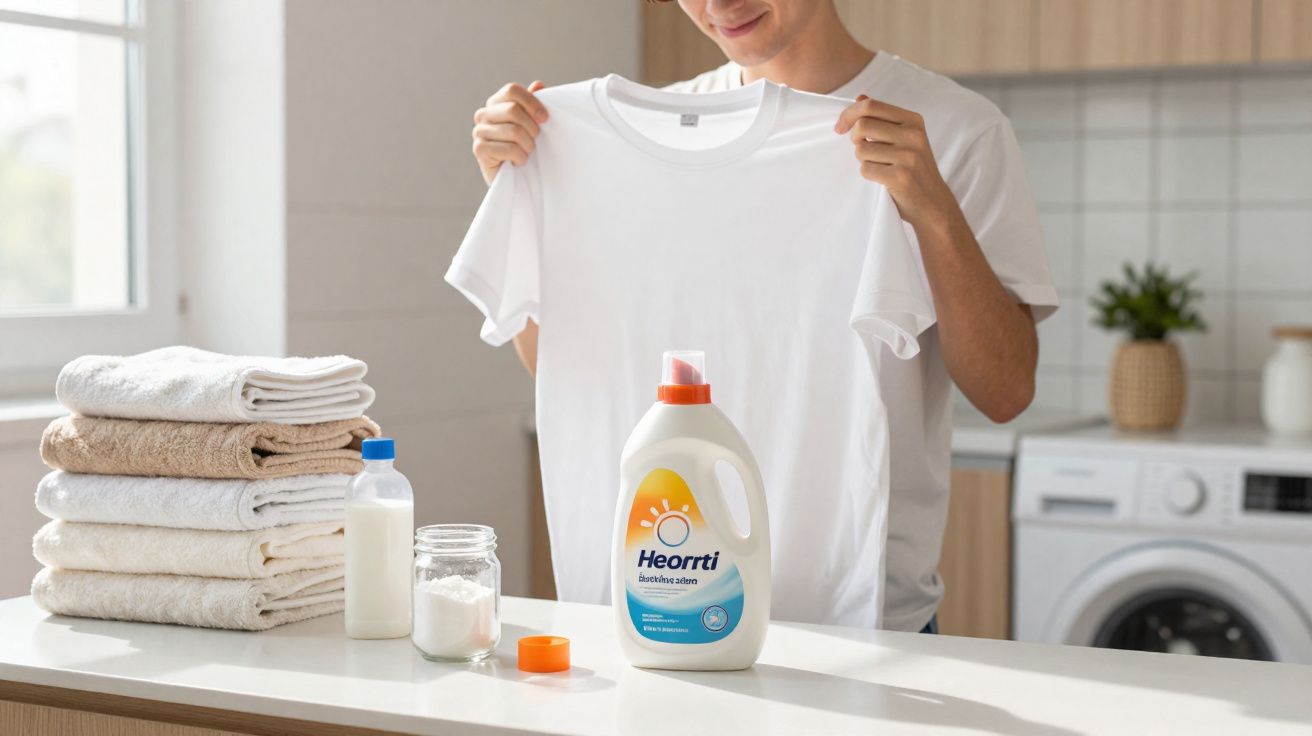 Pessoa segurando camiseta branca recém-lavada com toalhas dobradas e produtos de lavanderia sobre bancada na cozinha.