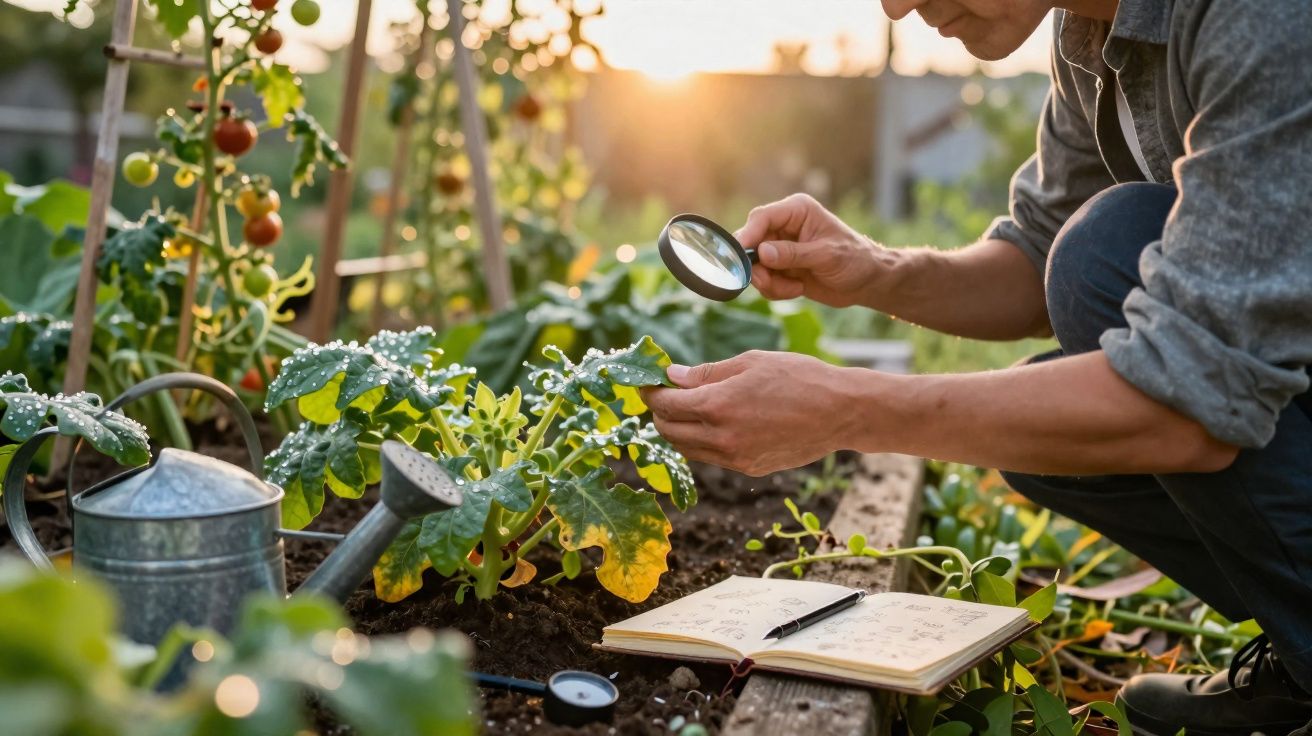 Pessoa examinando planta com lupa em horta ao pôr do sol, com regador e caderno aberto ao lado.