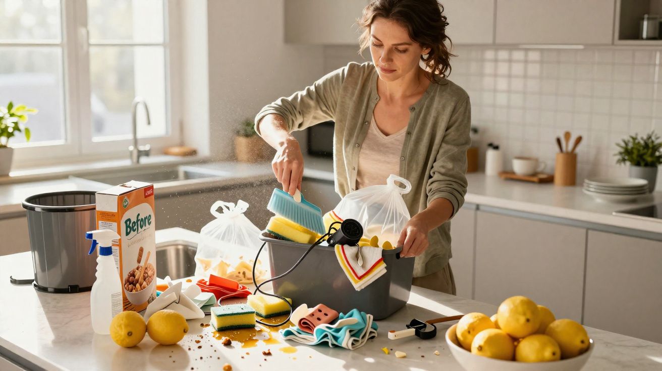 Mulher organizando utensílios de limpeza com limões sobre bancada de cozinha clara e iluminada.
