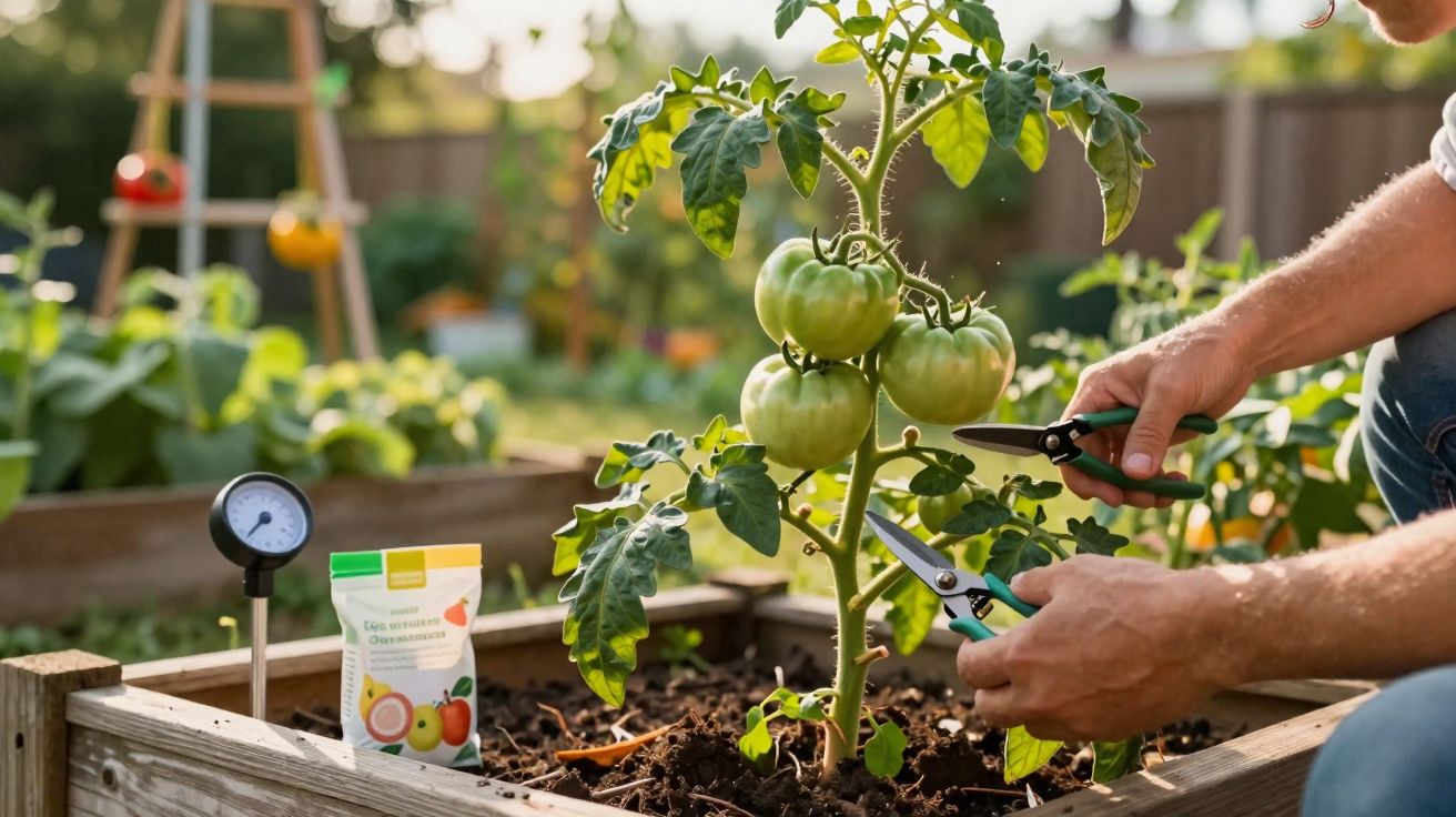 Pessoa podando tomateiros verdes em jardim com termômetro de solo e fertilizante ao lado.