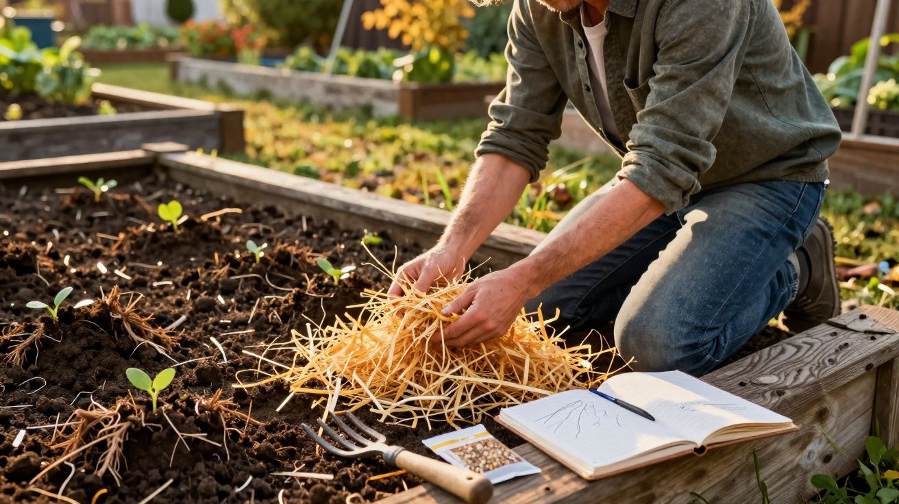Pessoa preparando canteiro de jardim com palha, ao lado de livro aberto, garfo de jardim e sementes.