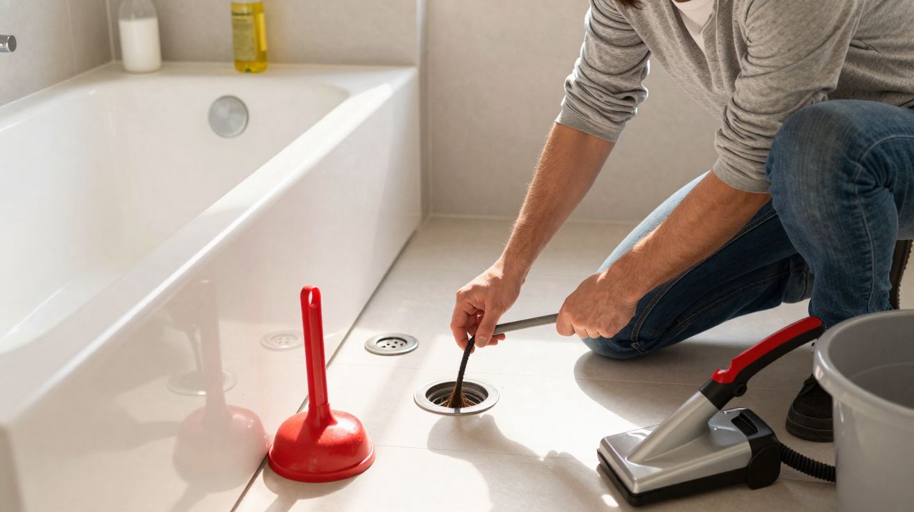 Pessoa usando ferramenta para desentupir ralo no chão do banheiro ao lado de vaso sanitário e desentupidor.